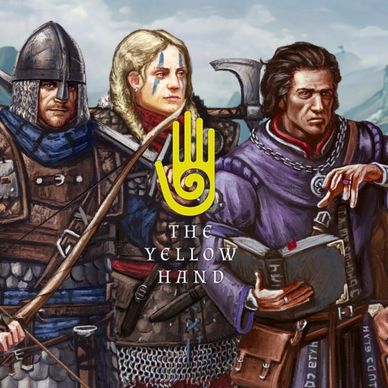 Three medieval characters stand together with a yellow hand symbol and text.