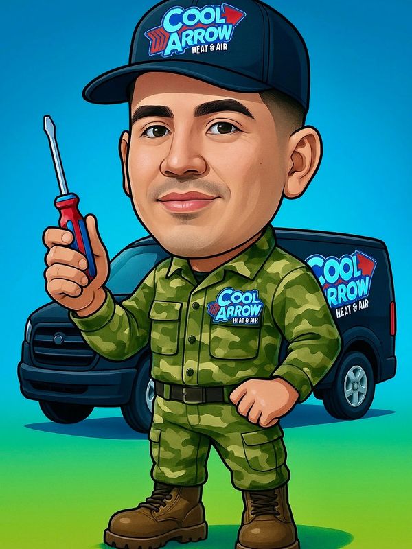 Cartoon technician in camouflage uniform holding a screwdriver with a company van background.