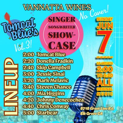 Flyer for Tomcat Blue's singer-songwriter showcase on June 7 with 10 artists performing original music.