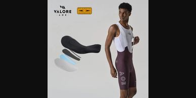 Man modeling cycling bib shorts with Valore pads shown separately.