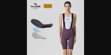 Model wearing Valore Pro cycling bib shorts with padded inserts shown to the side.