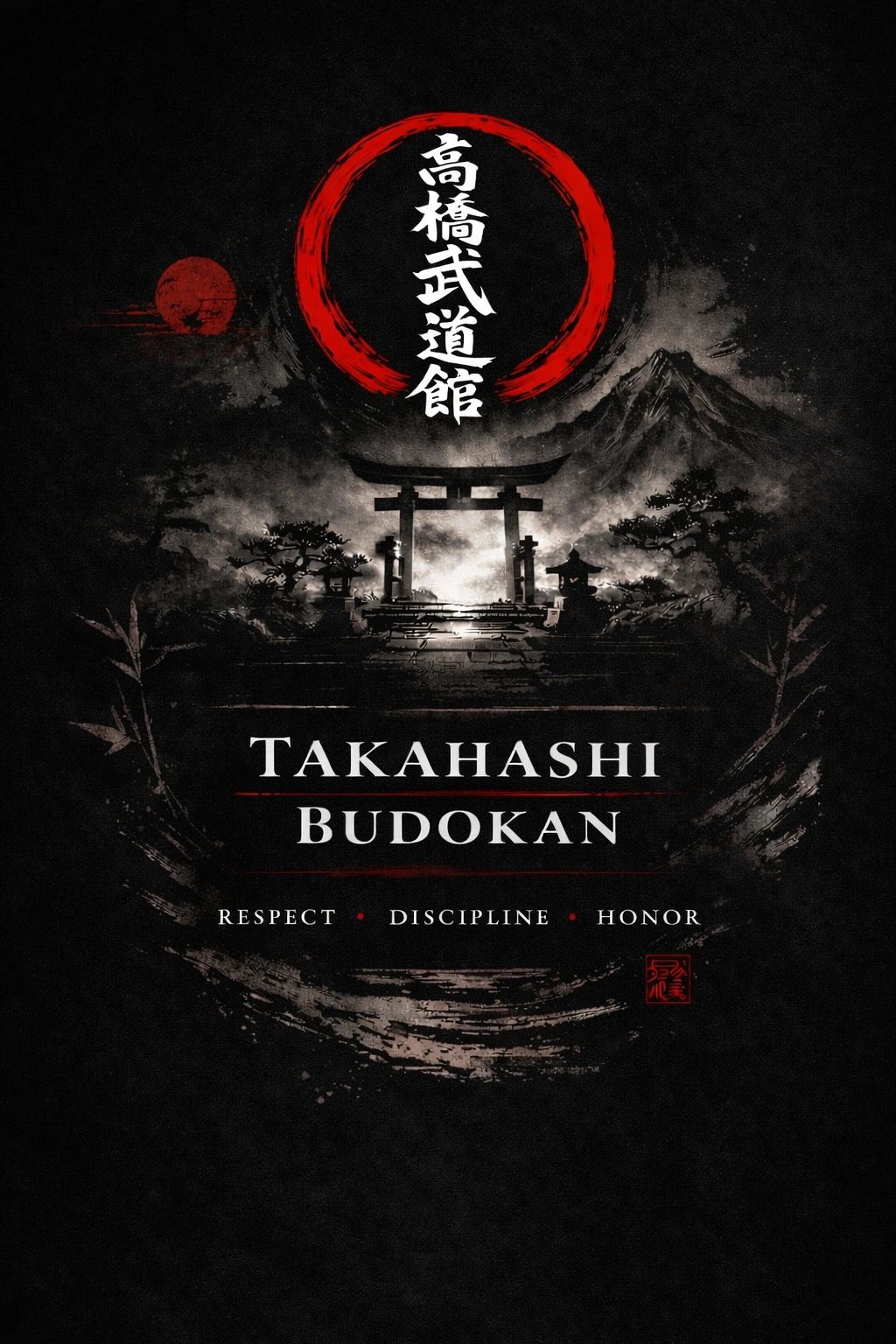 Takahashi Budokan logo with Japanese calligraphy and symbolic imagery of respect, discipline, and honor.