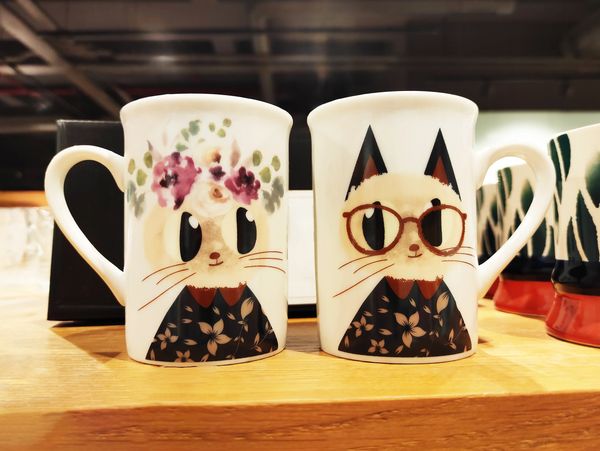 Two cute cat mugs with floral and glasses designs on a wooden surface.