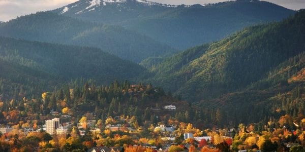Ashland Oregon in the Rogue Valley Arial view of Ashland and Siskiyou Mountain Range