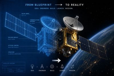 Satellite transitioning from blueprint to full 3D reality in space.