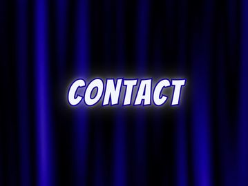 The word 'CONTACT' illuminated in white against a dark blue curtain background.