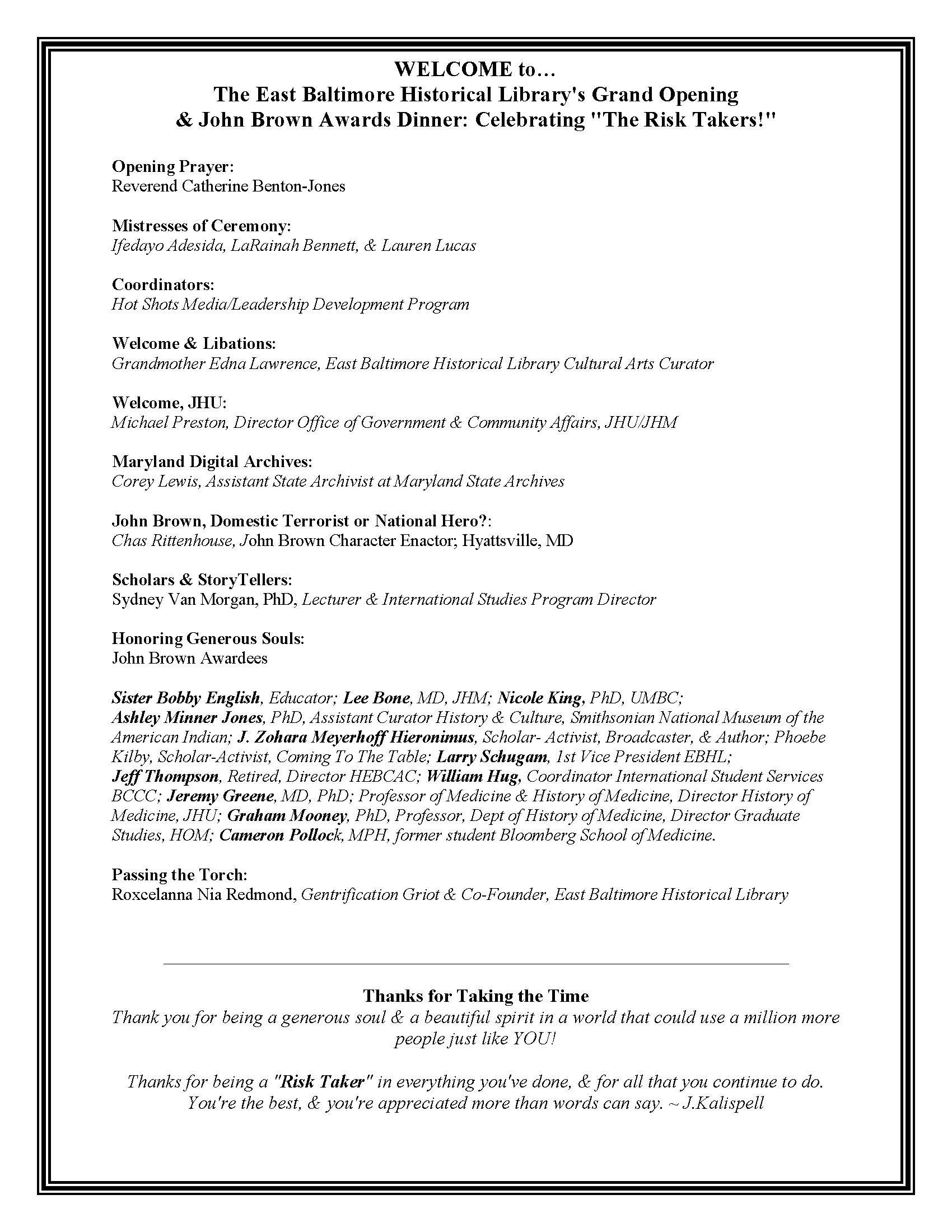 Program for East Baltimore Historical Library's Grand Opening and John Brown Awards Dinner.