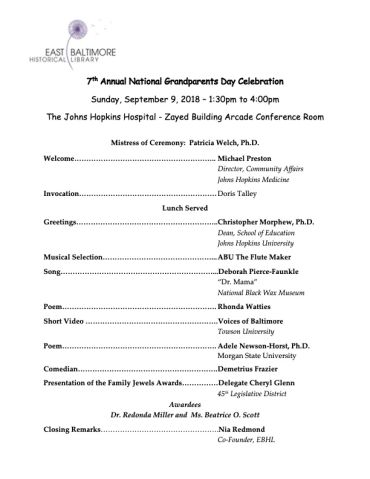 Program flyer for the 7th Annual National Grandparents Day Celebration at Johns Hopkins Hospital in 2018.