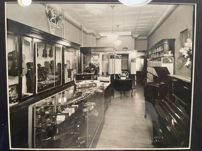 Music store  owned by Frank J. Pelz at 2122 Ashland Ave. (Location of EBHL.) Photo taken around 1920