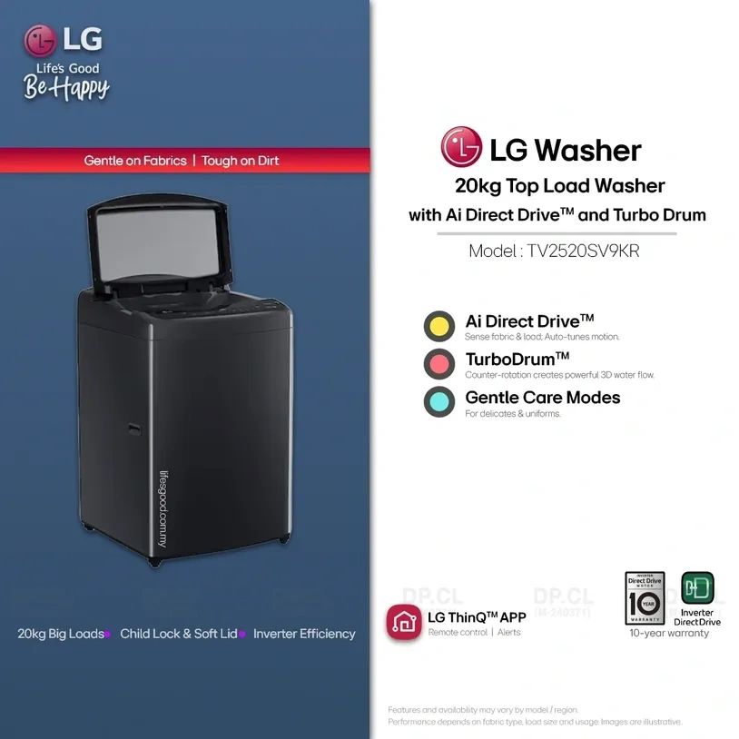 LG 20kg Top Load Washer with AI Direct Drive and Turbo Drum in Malaysia