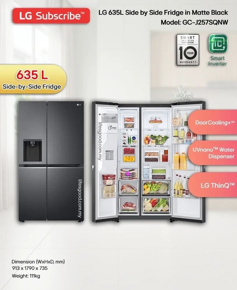 LG 635L Side by Side Refrigerator GC-J257SQNW Matte Black with UVnano Malaysia