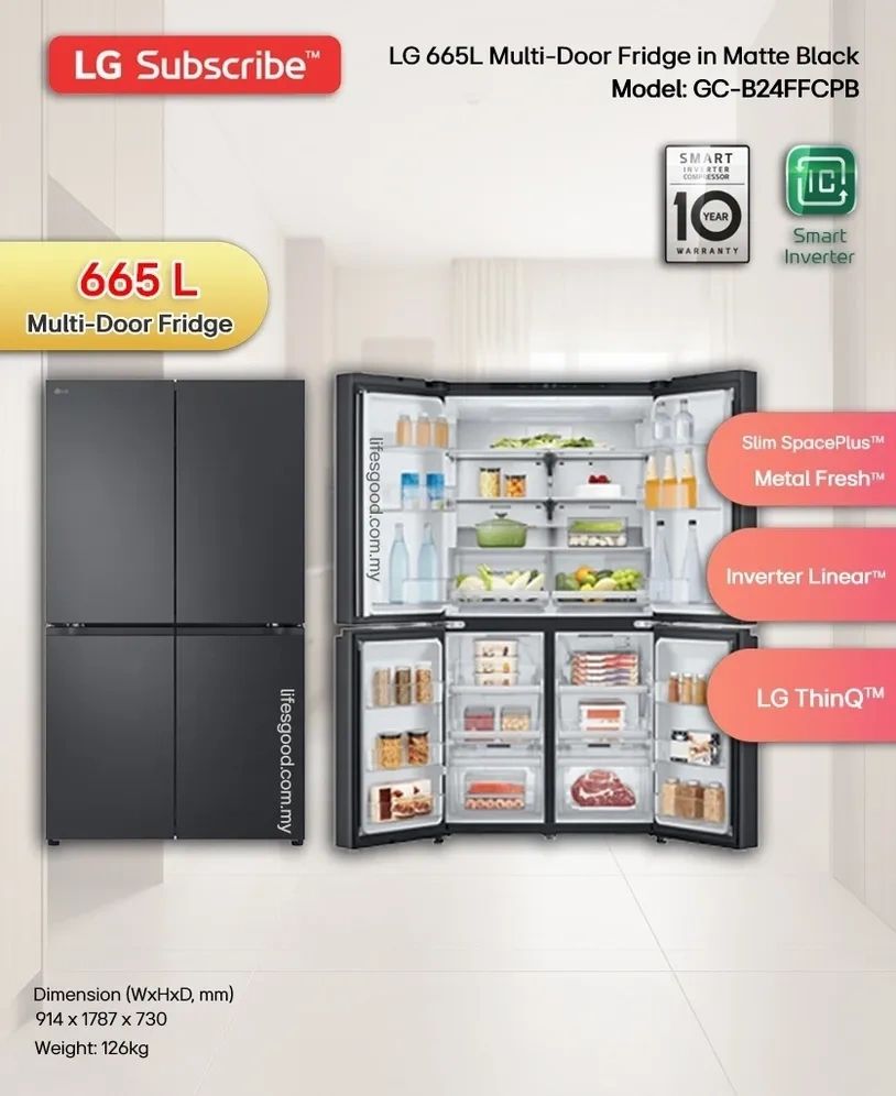 LG 665L Multi Door Fridge GC-B24FFCPB Matte Black Smart Inverter Malaysia