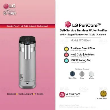 LG PuriCare WD516AN tankless water purifier silver features hot cold ambient water and rotating tap