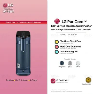 LG PuriCare tankless water purifier WD516AN with hot cold ambient water and 4 stage filtration