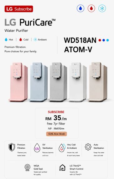 LG PuriCare WD518AN Atom-V water purifier with hot, cold and ambient water in five colors