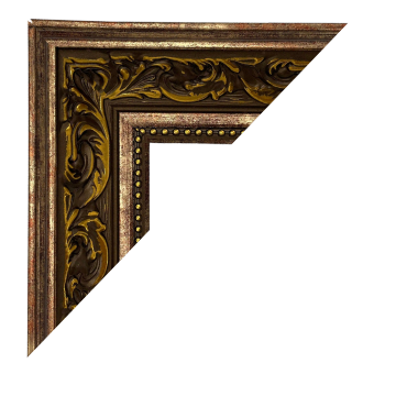 Ornate antique picture frame corner with gold and brown detailing.