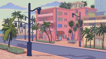 Colorful animated city street with palm trees and buildings.