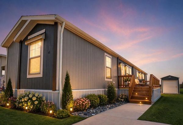 Well-lit modern mobile home at sunset.