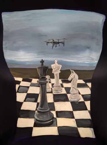 A surreal chessboard with large pieces and a flying drone overhead.