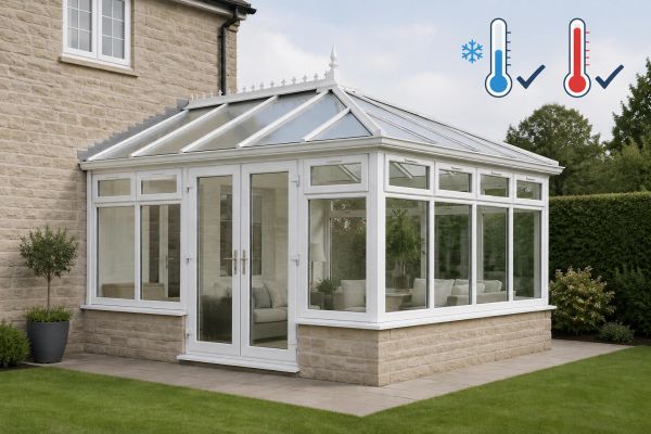 Modern glass conservatory attached to a brick house.