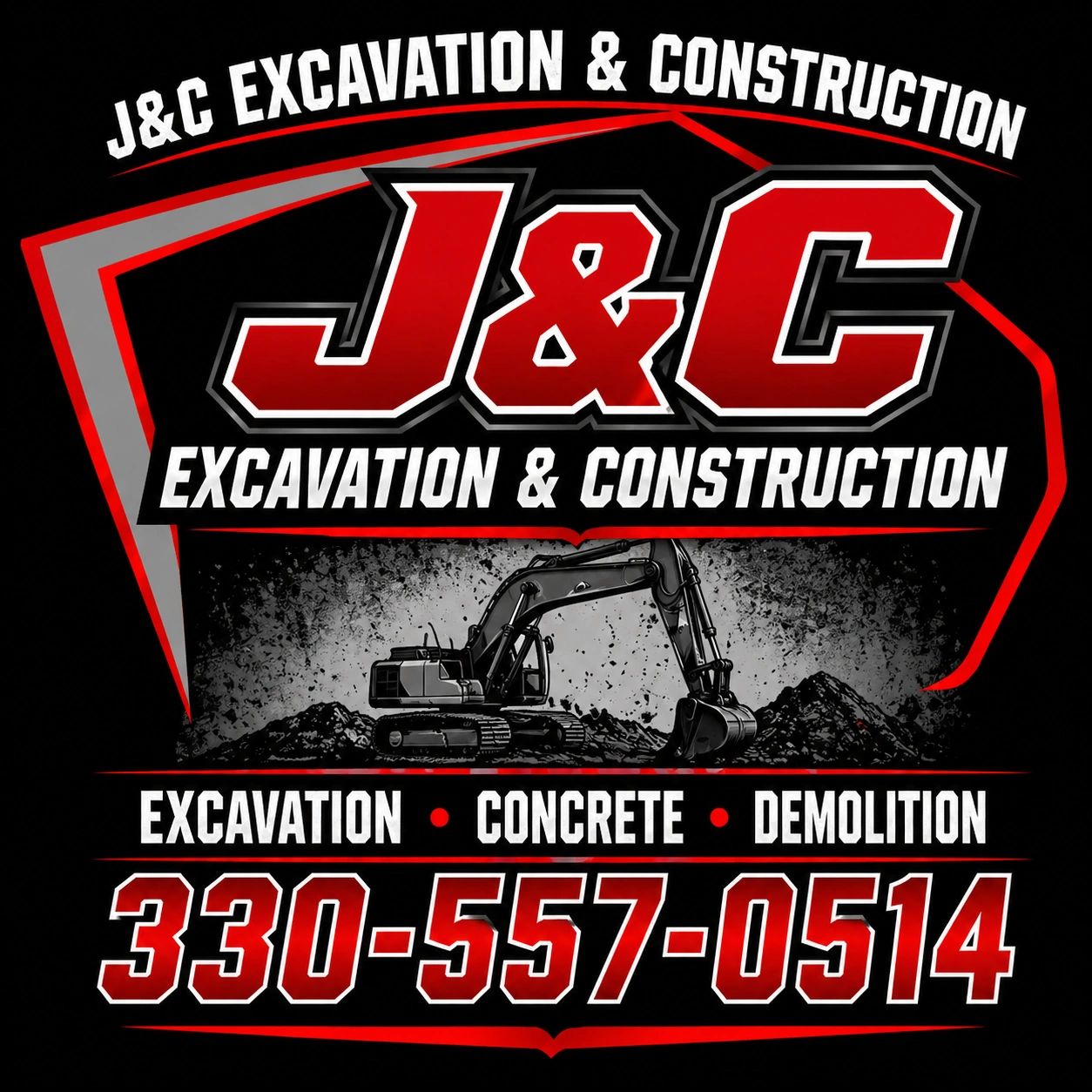 Bold logo for J&C Excavation & Construction with phone number and services.