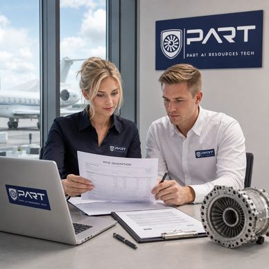 PART team reviewing aircraft part numbers, supplier documentation, and RFQ requirements for aviation sourcing support.
