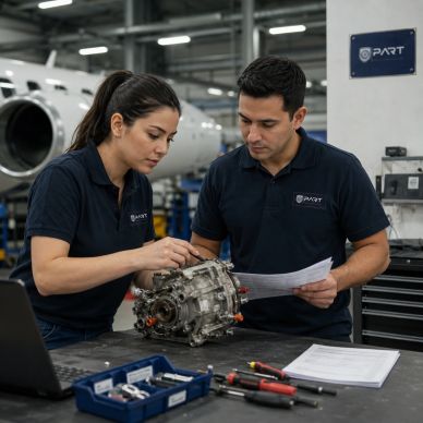 PART repair support team reviewing an aircraft component and technical documentation for an RFQ.