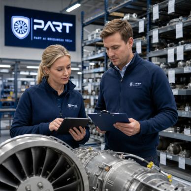 PART aviation professionals reviewing an aircraft wheel, component documentation, and inventory sourcing opportunities.