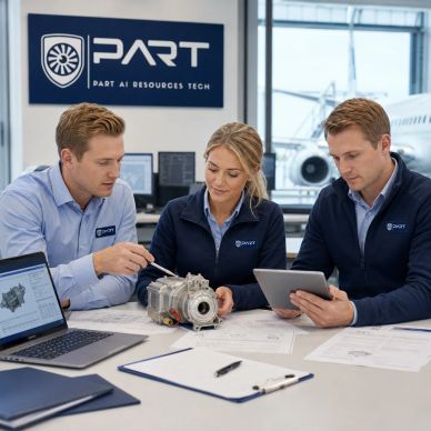 PART aviation sourcing team reviewing an aircraft component, technical documents, and RFQ requirements.
