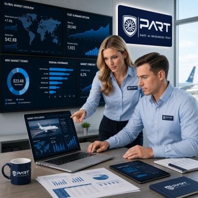 PART aviation team using AI-supported research for aircraft parts sourcing, supplier mapping, inventory analysis, and market intelligence.