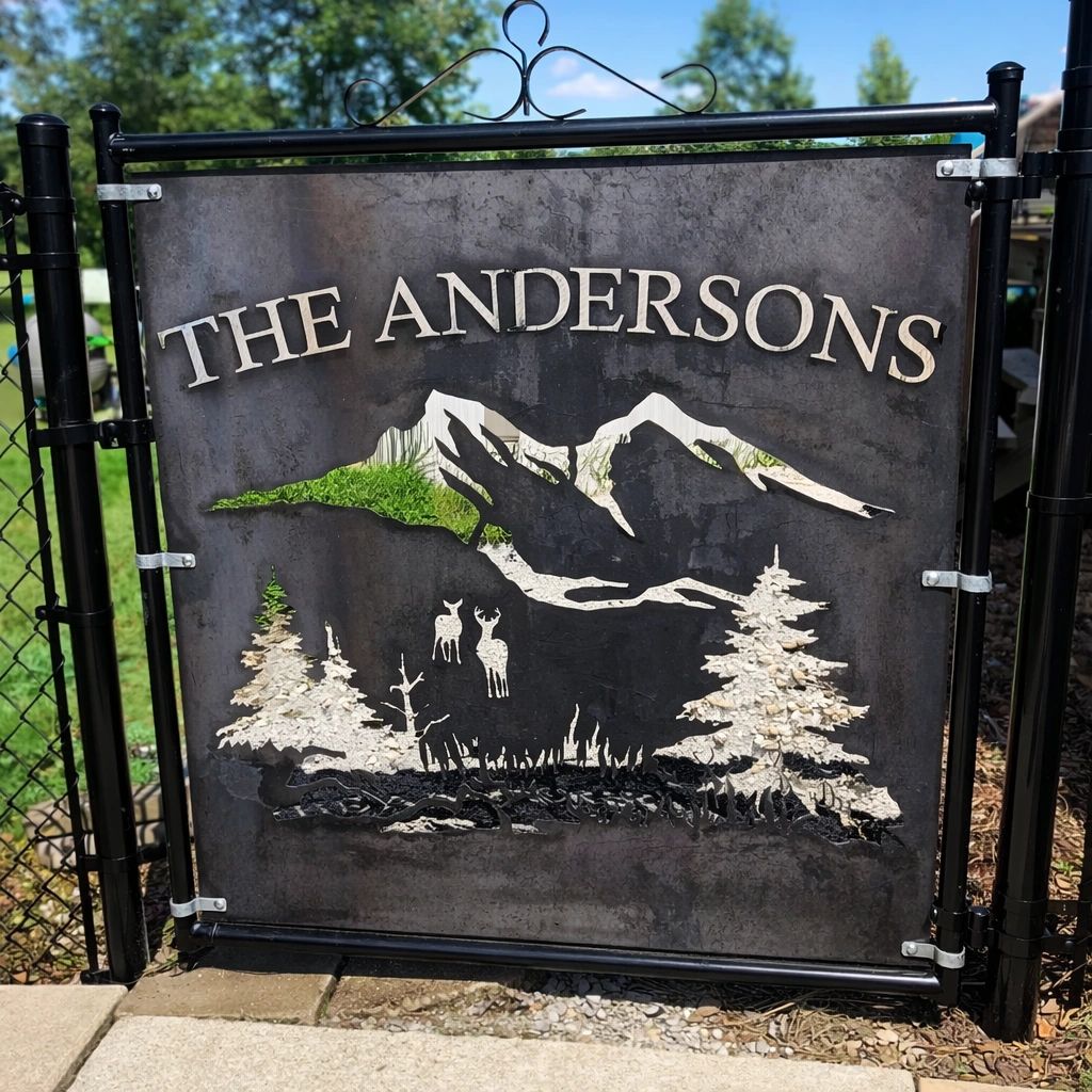 Metal gate sign with "The Andersons" and mountain, trees, deer design.
