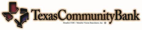 Texas Community Bank logo with Texas state outline.