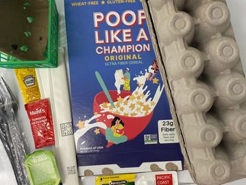 Green berry baskets, pulp berry cartons, egg cartons, cereal boxes, plastic wrapped utensils, chopst