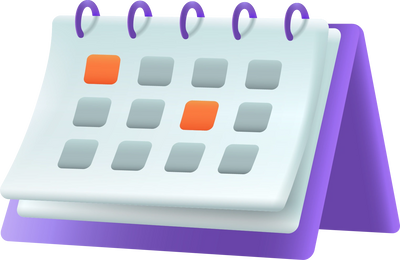 3D illustration of a purple desk calendar with highlighted dates.