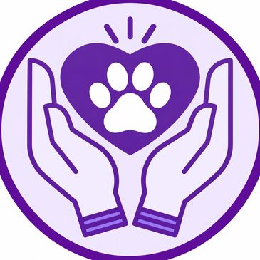 Purple heart with white paw print held by caring hands, symbolizing support for dogs affected by DM.