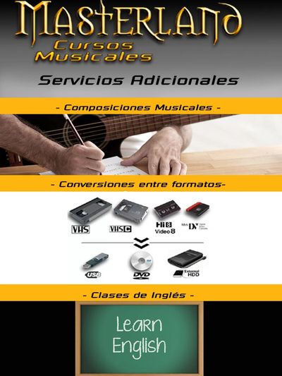 Encabezado sobre los 3 servicios del sitio: Composición Musical, Conversiones y Clases de Inglés.