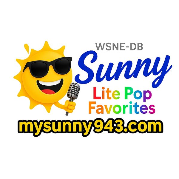 Logo of WSNE-DB Sunny Lite Pop Favorites with a cheerful sun holding a microphone.