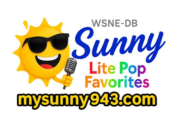 Logo of WSNE-DB Sunny Lite Pop Favorites with a cheerful sun holding a microphone.
