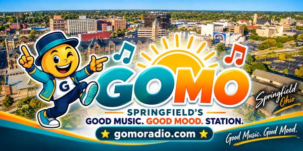 GoMo Radio Springfield's music and mood station logo with city background.