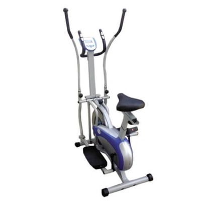 A stationary exercise bike with handlebars and a digital display.