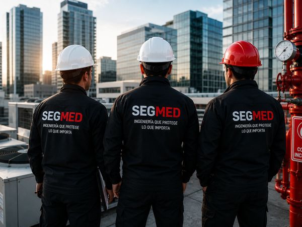 Three engineers wearing SEGMED jackets and helmets on a rooftop with city buildings in the background.
