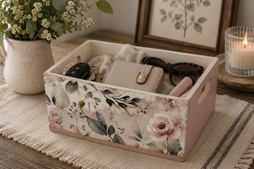 Decorative box holding everyday essentials and sunglasses.