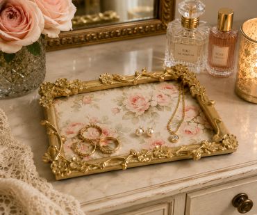 Elegant gold jewelry displayed on a floral tray.