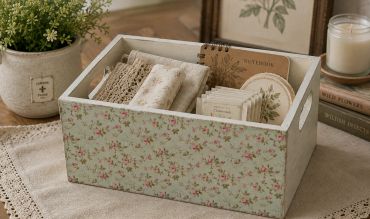 Decorative box with vintage papers and fabric pieces.