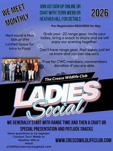 Flyer for Cresco Wildlife Club Ladies Social event with monthly meetings and range time.