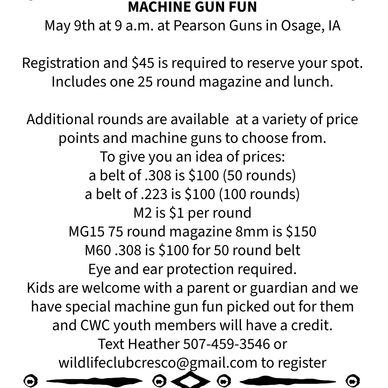 Flyer for a machine gun shooting event with registration and pricing details.