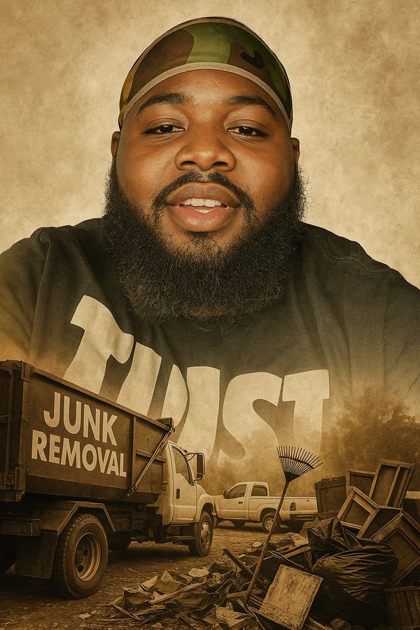 Smiling man with beard and camo headband, junk removal trucks and debris in foreground.
