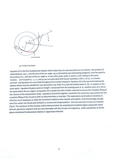 Diagram and explanation of involute cross section and fundamental equations in engineering.