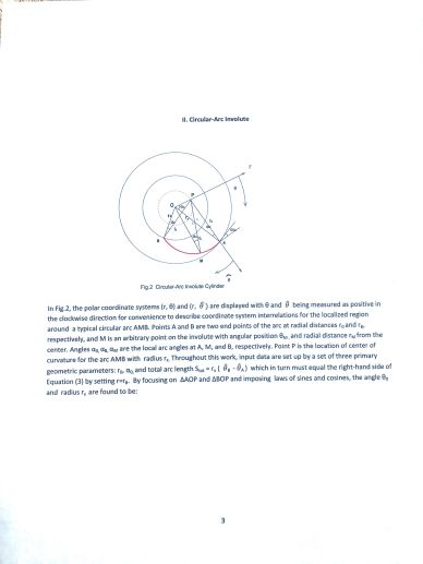 Diagram of a circular-arc involute with polar coordinate systems and geometric parameters.
