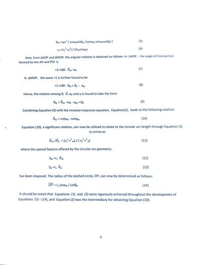 Mathematical derivations involving angles and circular-arc geometry are shown on a page.